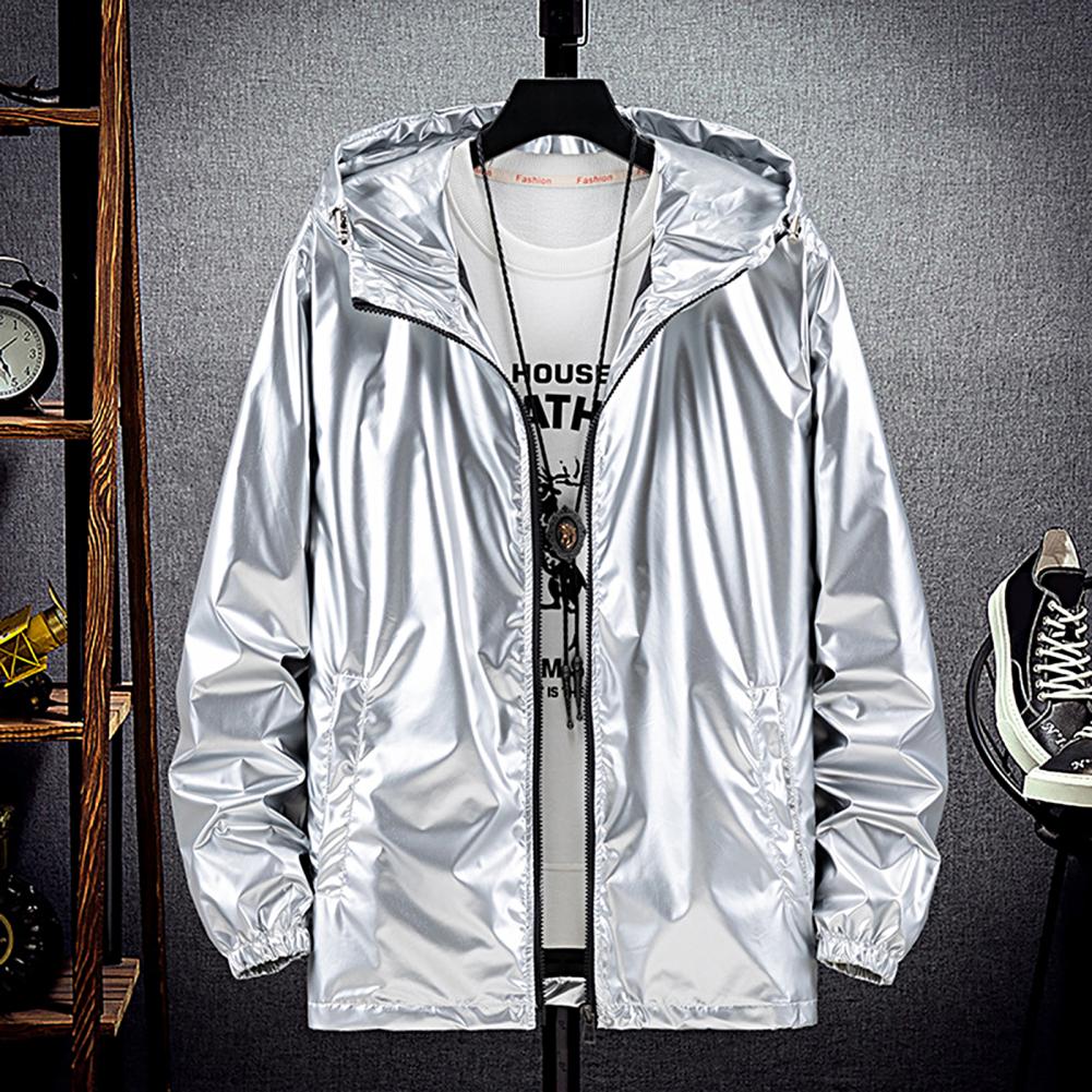 Men Hooded Jacket Zipper Solid Fashion Bright Black Silver Color Hoodies Waterproof Spring Autumn Elastic Cuff Coat Streetwear