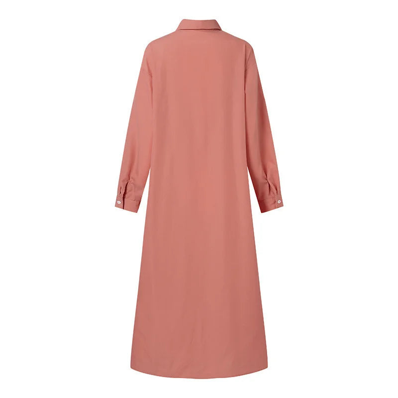 Women Cotton Linen Shirt Long Dress Casual Long Sleeve Open Shirt Skirt Comfortable Korean Style