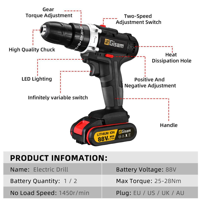 88VF Cordless Impact Drill Electric Screwdriver Electric Hammer Drill Mini Wireless Hand Drill Lithium-Ion Battery Power Tools