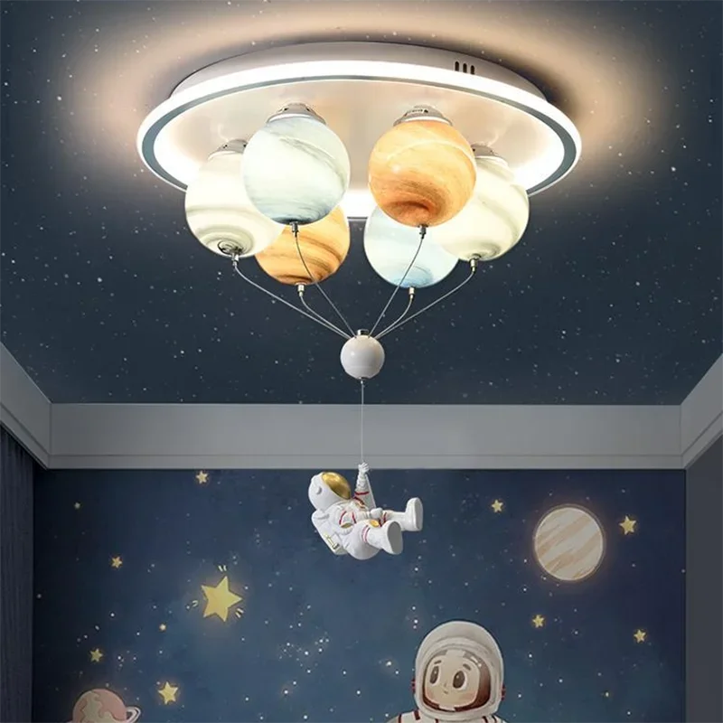 Modern Astronaut Led Ceiling Light with Creative Planet and Flying Spaceship Design for Kids' Room Decor