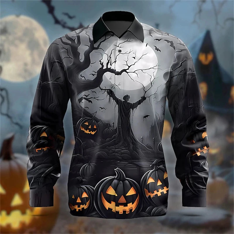 2024 New Men's Halloween Fashion Shirt 3D Devil Pumpkin Print Long Sleeve Halloween Street Buttoned Single Breasted Shirt S-5XL