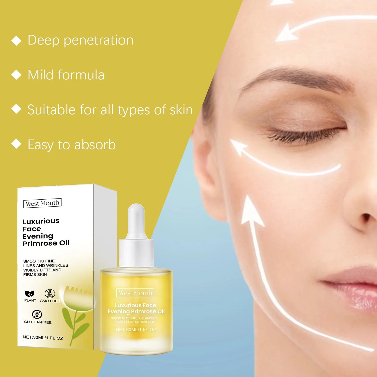 Evening Primrose Oil Deeply Nourishing Smooth Fine Lines Wri-nkles Removal Reduce Dryness Anti-Ag-ing Repairing Facial Essence