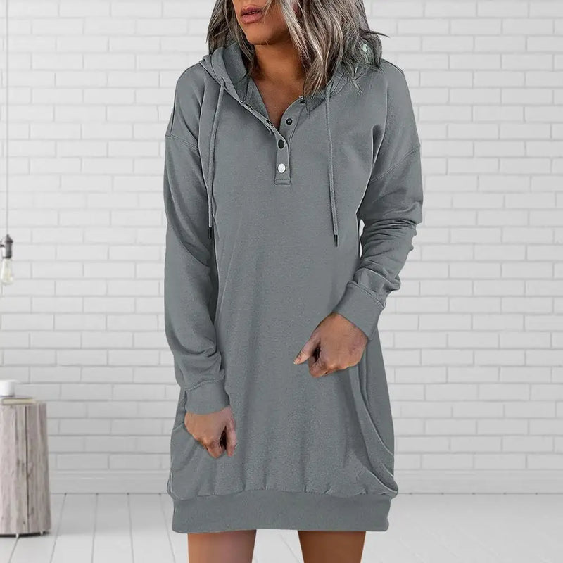 Women's Casual Hooded Dress Fall Long Sleeve Sweatshirt Button Down Neck Drawstring Pullovers Lightweight Hoodies Dress