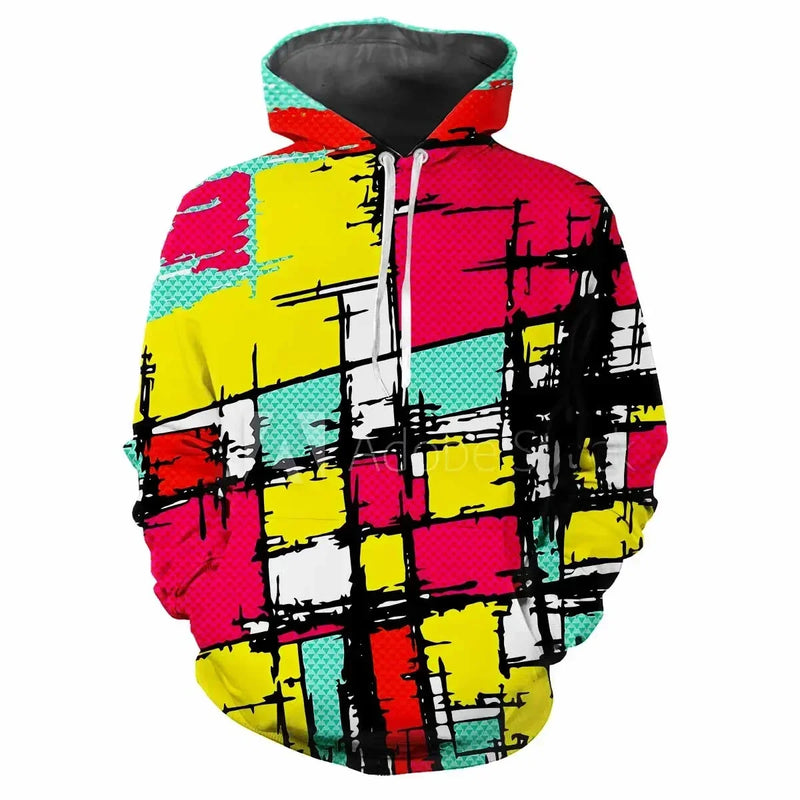 Trendy men's Hoodie Printed  Color Lattice Patterns Digital Printing Casual Long Sleeved Hooded Thick Fabric Tops