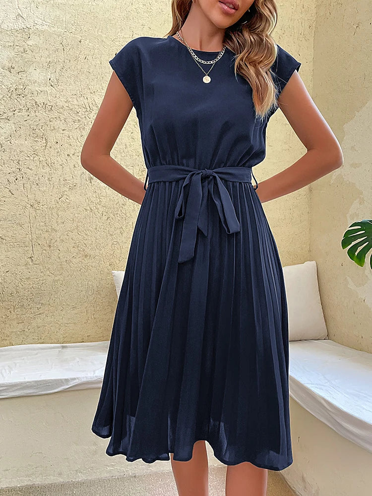 JIM & NORA Elegant Women Summer Casual Beach Sundress Short Sleeve Midi Dress Soild Colour O Neck Dresses Fashion