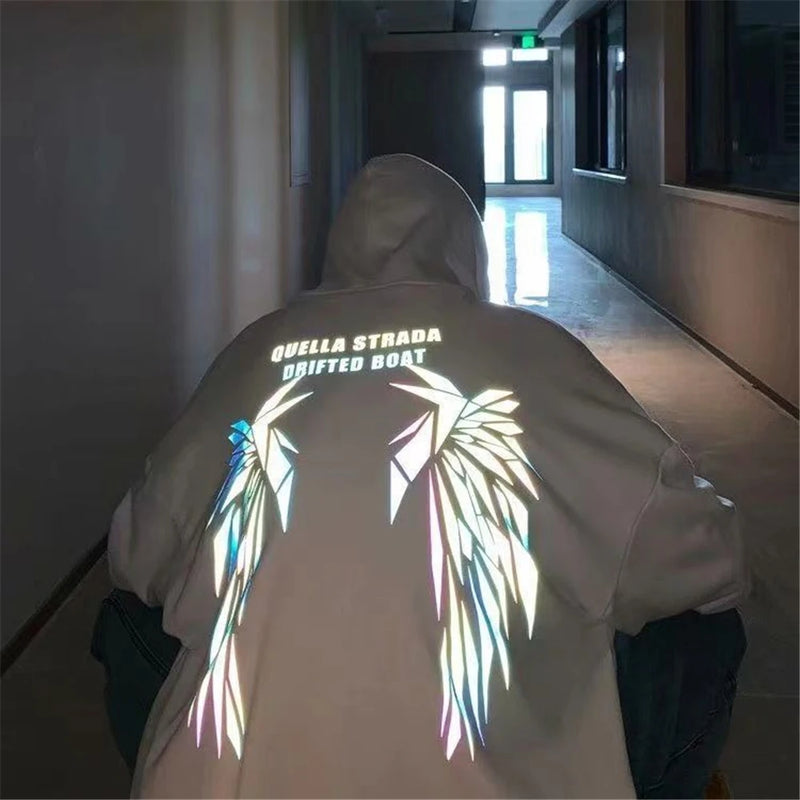 Spring Hip Hop Streetwear Harajuku Reflective Wing Printing Pullover Fashion Hooded Sweatshirt Male Clothing