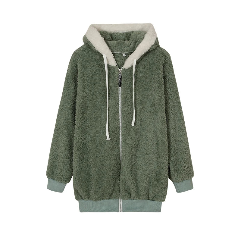 Autumn And Winter Loose Plush Zipper Hooded Jacket Woman