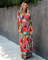 Plus Size Women’s Summer Loose Kimono Maxi Dress Wrap V Neck 3/4 Sleeve Floral Print Slit Long Dresses