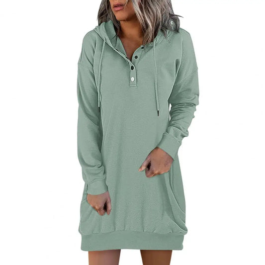 Women's Casual Hooded Dress Fall Long Sleeve Sweatshirt Button Down Neck Drawstring Pullovers Lightweight Hoodies Dress