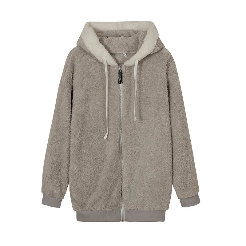 Autumn And Winter Loose Plush Zipper Hooded Jacket Woman