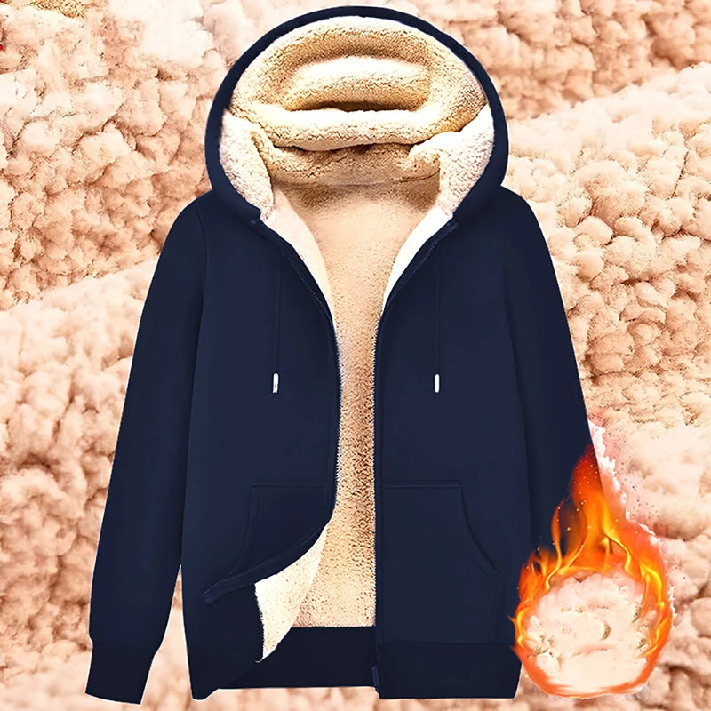 Sweatshirt Coat Front Pockets Warm Zipper Lamb Wool Jacket  Men and Woman Winter Pure Color Plush Lined Cardigan Hoodie