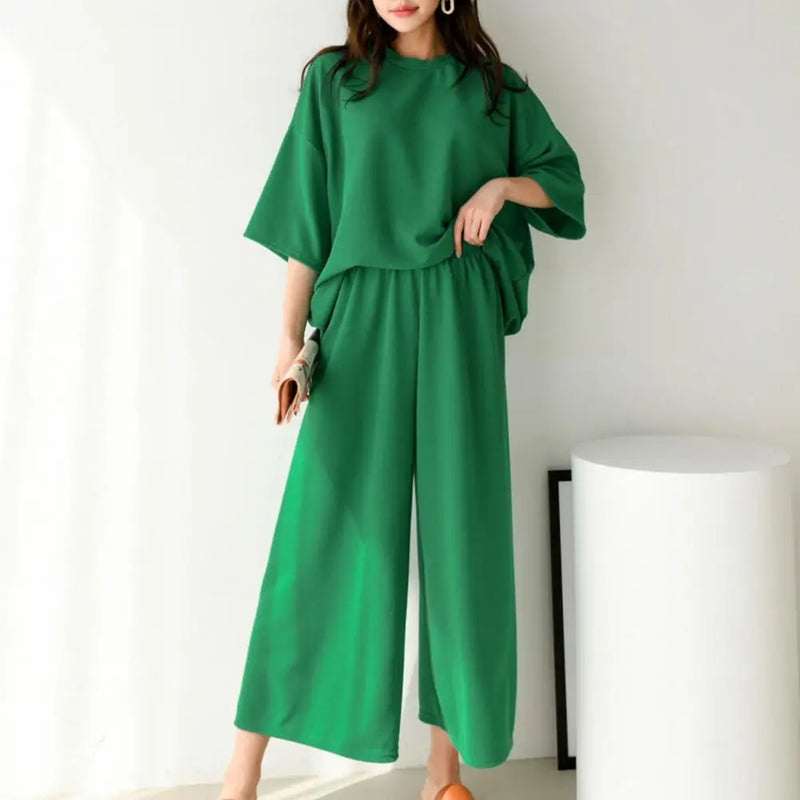 Loose Suit for Women Pajamas Pants Set Female Home Clothes 2 Pieces Set Simple Solid Casual T-shirt Pants Set O-neck Lounge Wear