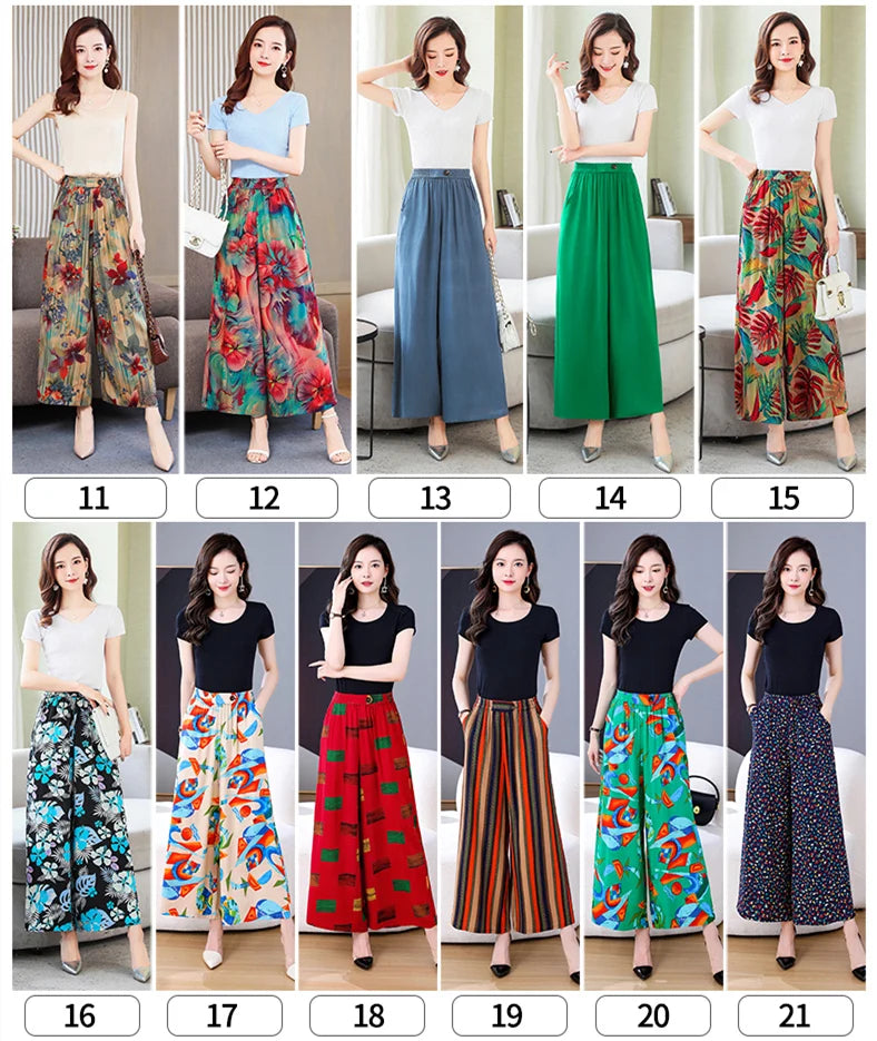 Summer Wide Leg Pants Women Loose High Waist Beach Ankle-Length Trousers Summer Casual Retro Print Plaid Pants