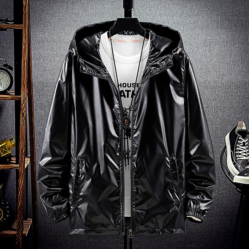 Men Hooded Jacket Zipper Solid Fashion Bright Black Silver Color Hoodies Waterproof Spring Autumn Elastic Cuff Coat Streetwear