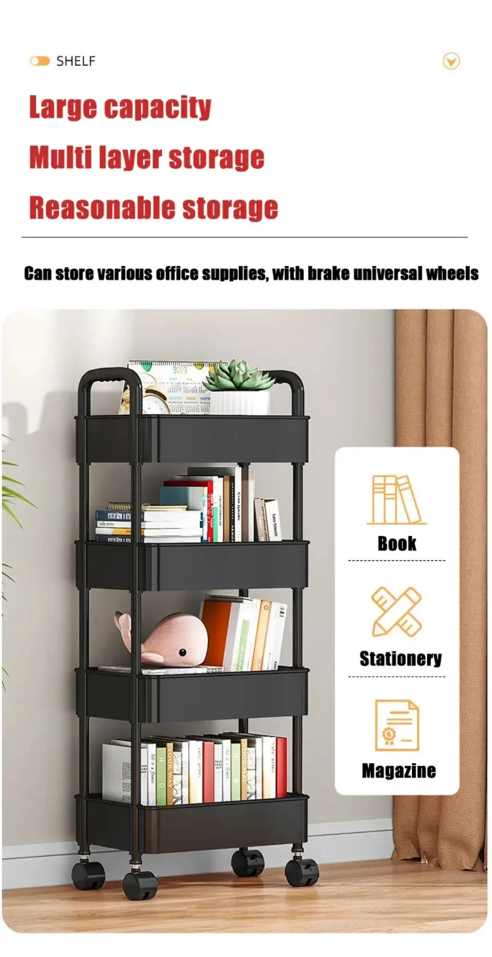 Bookshelf Storage Trolley Mobile Kitchen Organizer Cart With Wheels Multi-Layer Bathroom Shelves Household Snacks Storage Rack