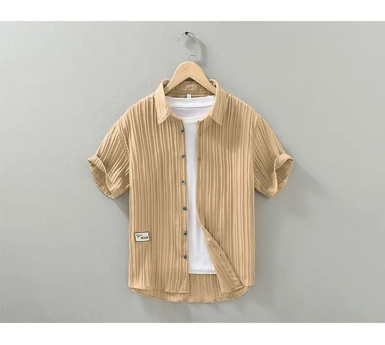 2024 Summer Trendy Men's Shirt Short Sleeved Thin Ice Silk Non Iron Pressed Wrinkle Texture Casual Loose Cardigan Lined Top