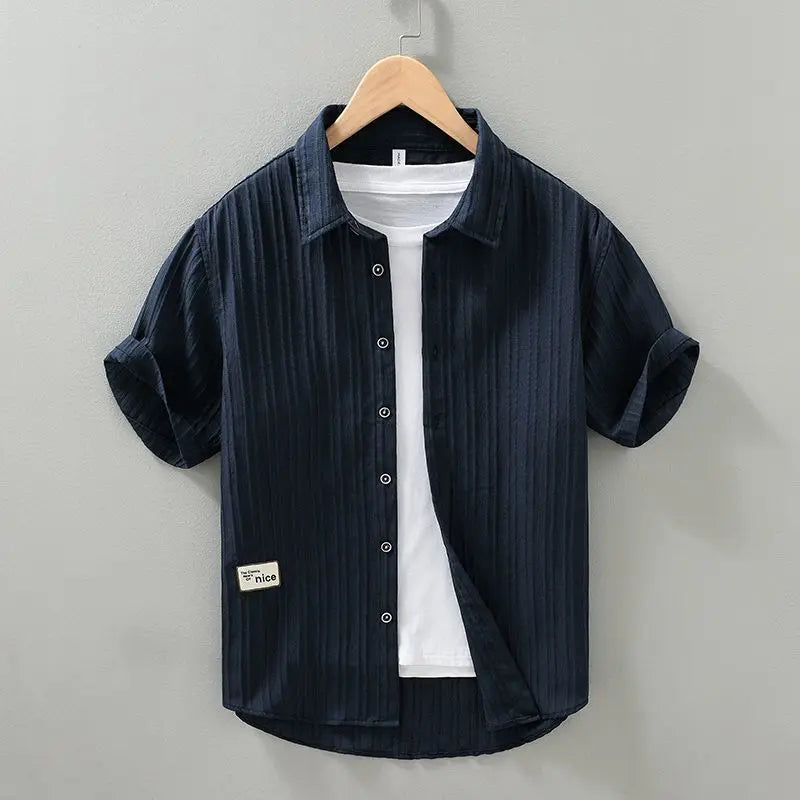 2024 Summer Trendy Men's Shirt Short Sleeved Thin Ice Silk Non Iron Pressed Wrinkle Texture Casual Loose Cardigan Lined Top