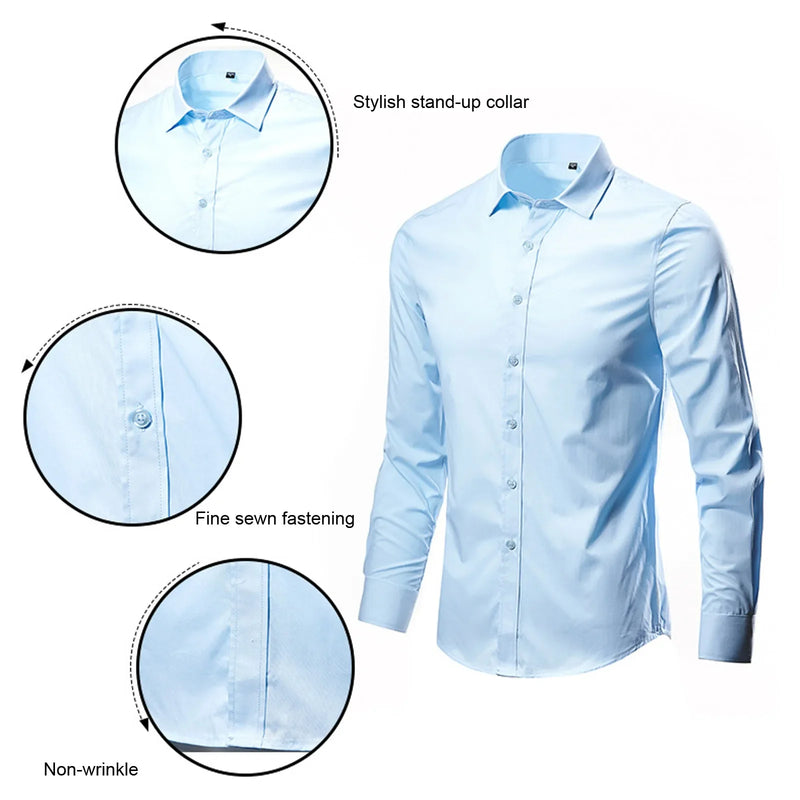 Mens Elastic White Dress Shirts Slim Fit Long Sleeve Button Down Formal Business Shirt Men Easy Care Non-Iron Chemise Homme 4XL