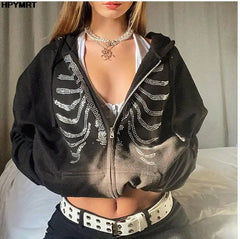 Hoodie sternum hot drill print cool Jacket Coat Women hip-hop streetwear Harajuku Anime hoodies coat zipper punk girl Tops