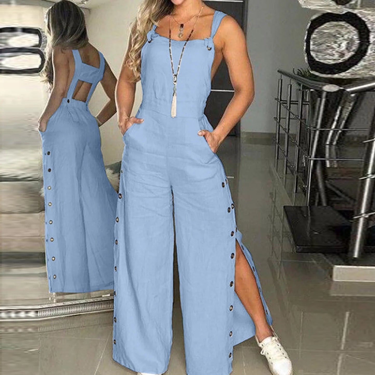 Ladies Sexy Romper Jumpsuit 2024 Summer Sleeveless Twisted Knot Cotton Strappy Pants Button Openings Fashion Women Jumpsuits