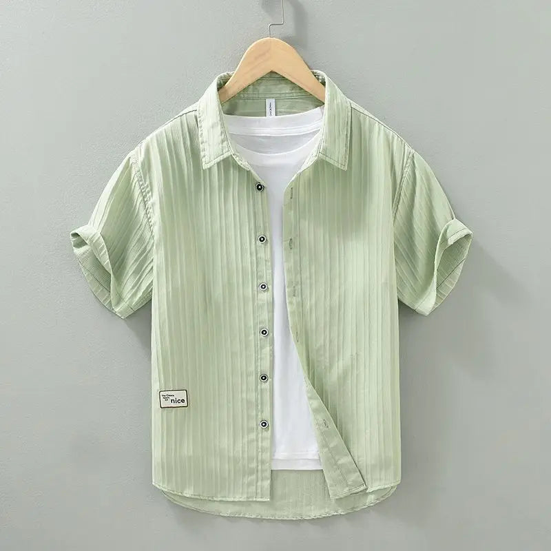 2024 Summer Trendy Men's Shirt Short Sleeved Thin Ice Silk Non Iron Pressed Wrinkle Texture Casual Loose Cardigan Lined Top