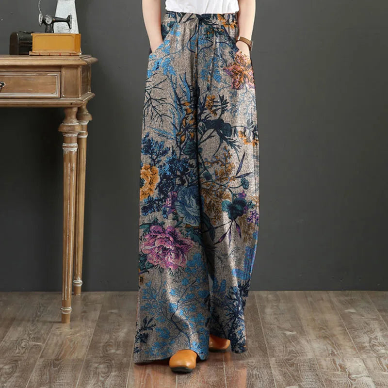 Women Vintage Floral Printed Wide Leg Pants Autumn Trousers Casual Elastic Waist Loose Palazzo Bohemian Holiday Pantalon