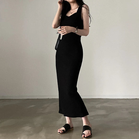 CIBBAR Basic Knit Long Dress – Korean Fashion Square Collar Sleeveless Women’s Casual Summer Y2K Vintage Outfit