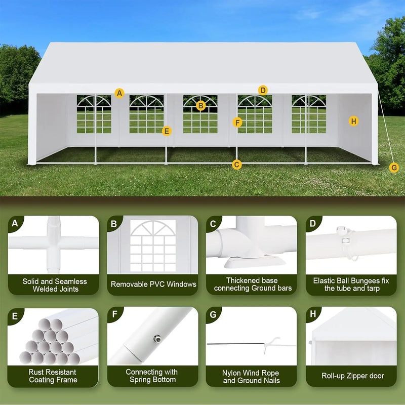 20 x 32 FT Outdoor Party Camping Gazebo Shelter  Events Tent w/Removable Sidewalls & 3 Storage Bags, White