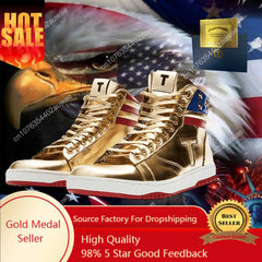 Trump 2024 NEVER SURRENDER Gold Sneakers – Premium Big Size Shiny Mirror Finish Men's MAGA Casual Streetwear Running Shoes