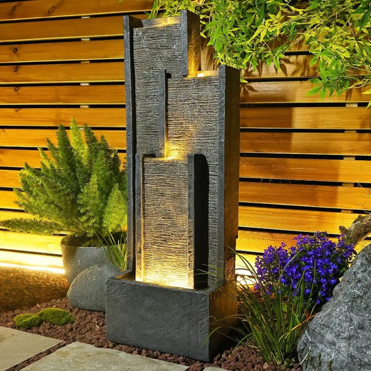 Modern Cascading Water Fountain - Outdoor/Indoor Floor Fountain with LED Lights & Pump, Contemporary Curves for Garden Decor
