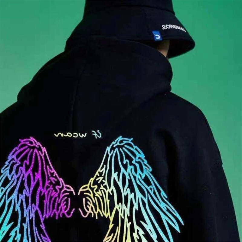 Spring Hip Hop Streetwear Harajuku Reflective Wing Printing Pullover Fashion Hooded Sweatshirt Male Clothing