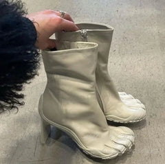 Rose Red & White Leather Five-Finger Boots: Hollow Heel Designer Ankle Booties | Sporty Tabi Inspired Split-Toe Shoes for Autumn & Winter Fashion