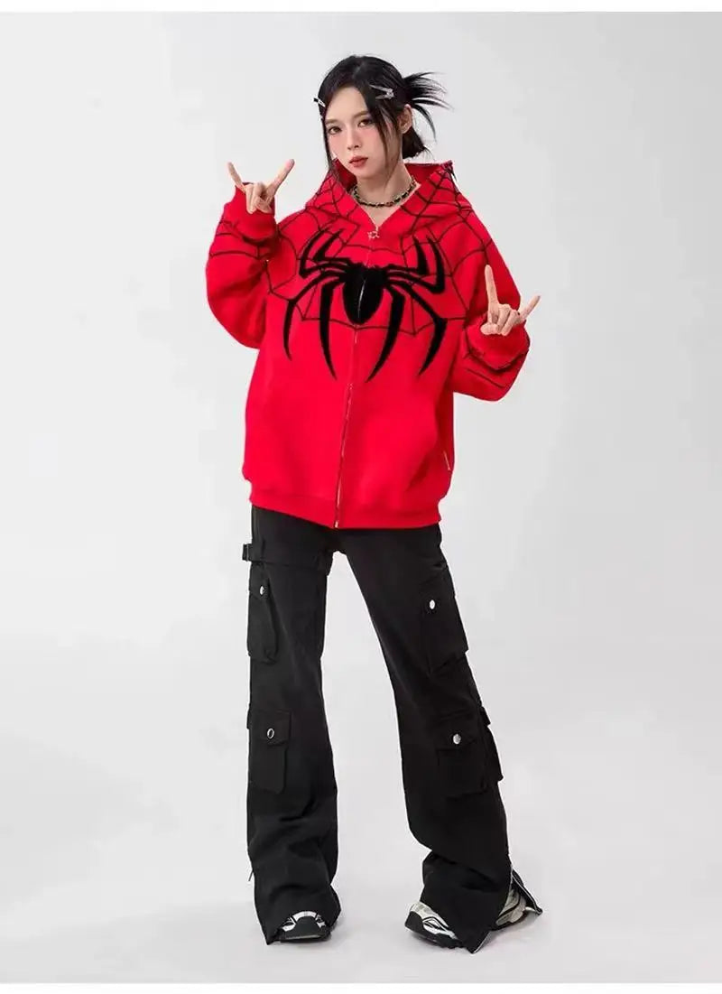 Gothic Y2k Anime Embroidery Zipper Spider Hoodies Men Sweatshirt Clothes Harajuku Oversize Hip Hop Long Sleeve Hoodie Men Women