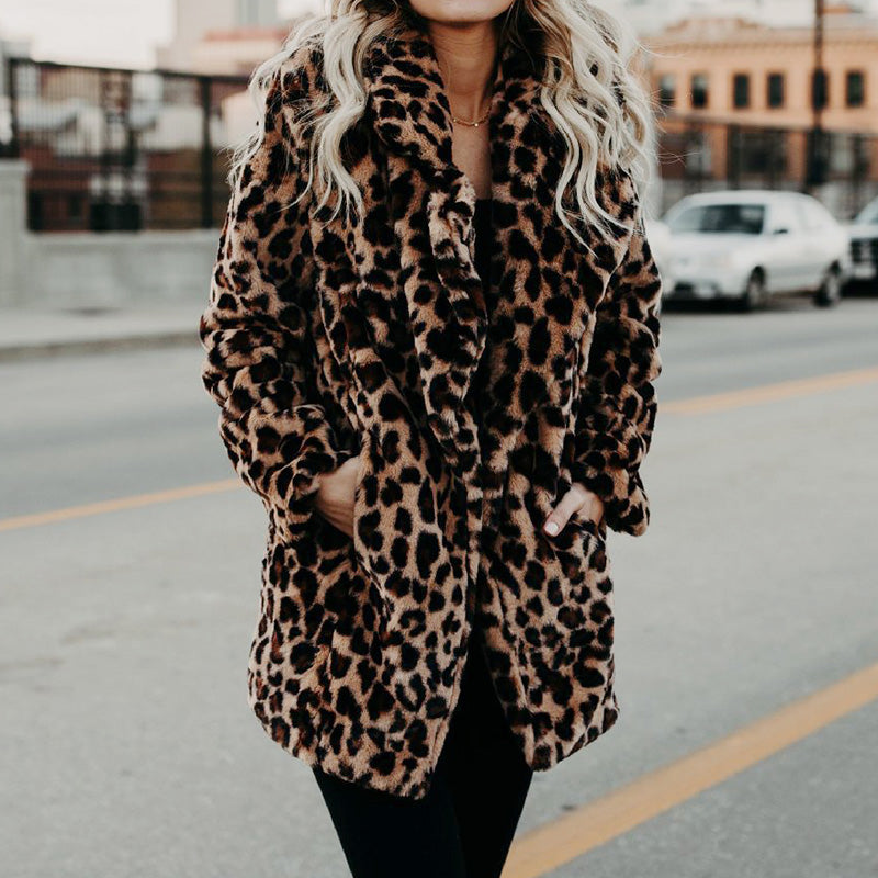 Faux Fur Coat Women New Winter Fashion Leopard Print Outerwear Warm Long Sleeve Artificial Fur Jacket Plush Clothing S-5XL