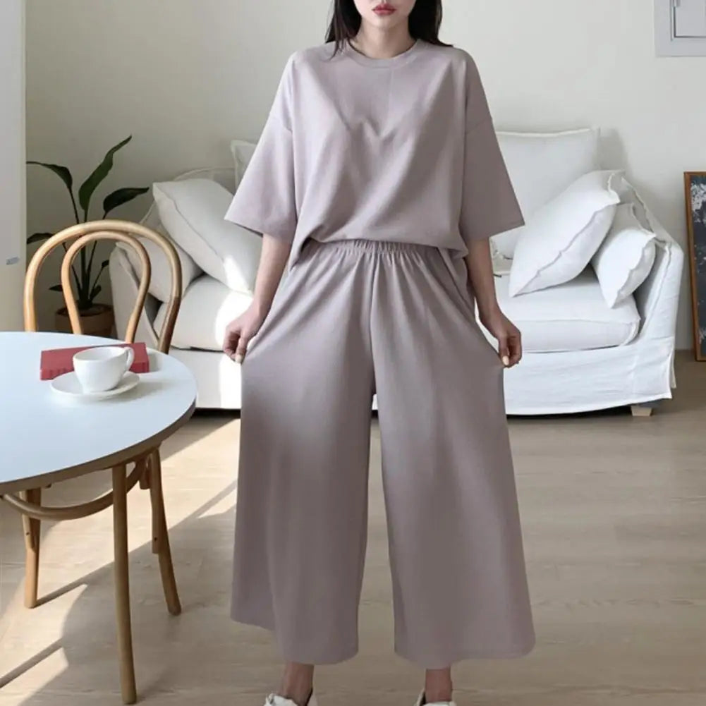 Loose Suit for Women Pajamas Pants Set Female Home Clothes 2 Pieces Set Simple Solid Casual T-shirt Pants Set O-neck Lounge Wear