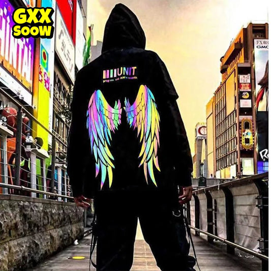 Spring Hip Hop Streetwear Harajuku Reflective Wing Printing Pullover Fashion Hooded Sweatshirt Male Clothing