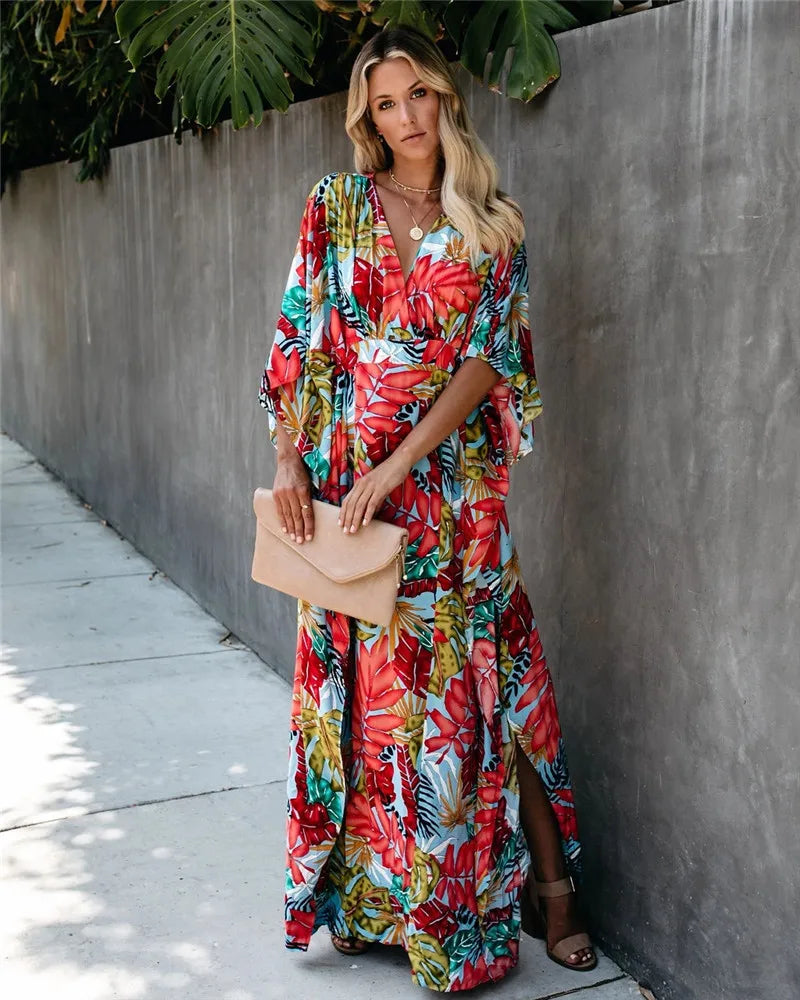 Plus Size Women’s Summer Loose Kimono Maxi Dress Wrap V Neck 3/4 Sleeve Floral Print Slit Long Dresses