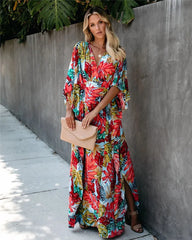 Plus Size Women’s Summer Loose Kimono Maxi Dress Wrap V Neck 3/4 Sleeve Floral Print Slit Long Dresses