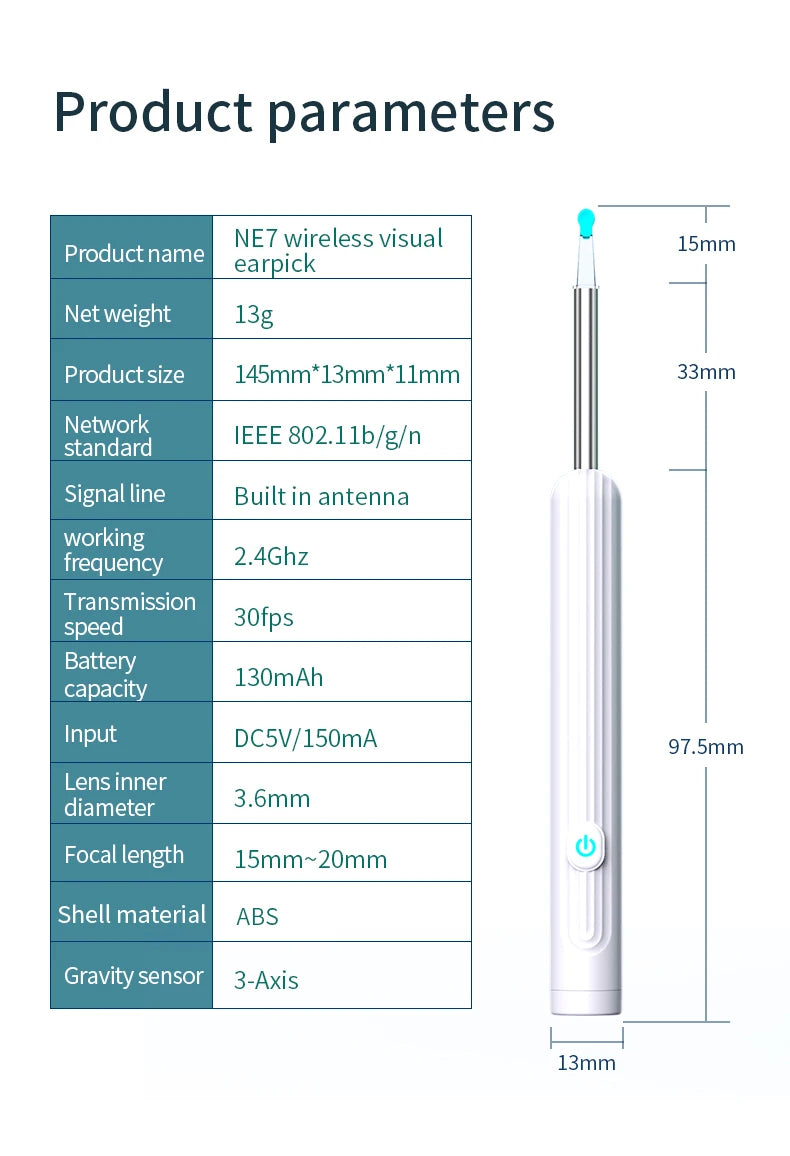 Smart Visual Ear Cleaner with Camera 1296P Ear Sticks USB C Charging Ear Wax Removal Tool WIFI Connection 6 LED Lights Earpick