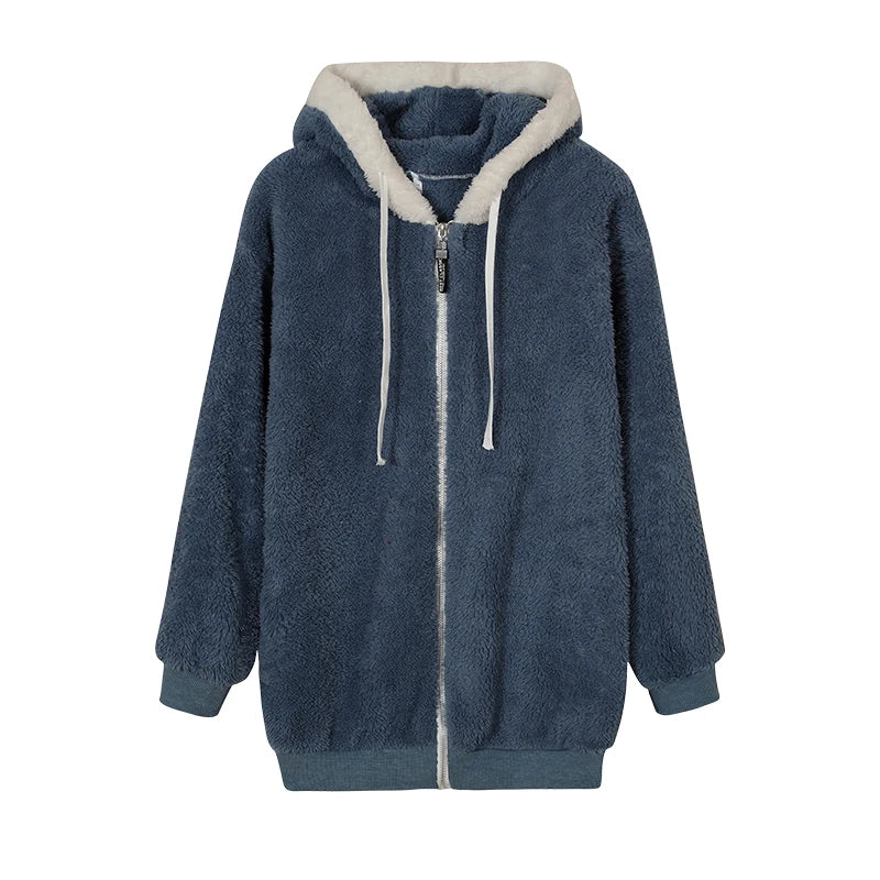 Autumn And Winter Loose Plush Zipper Hooded Jacket Woman