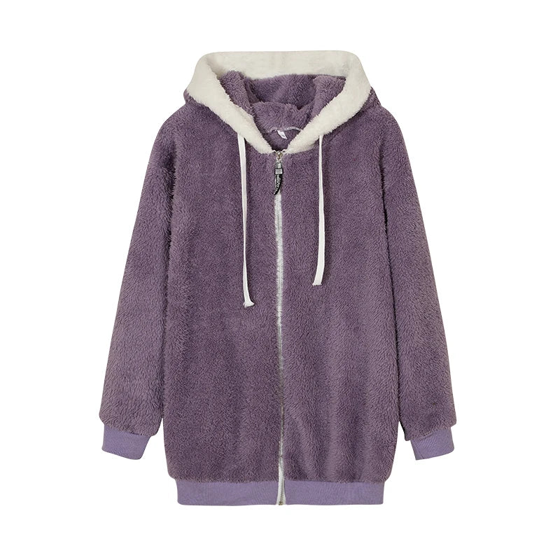 Autumn And Winter Loose Plush Zipper Hooded Jacket Woman