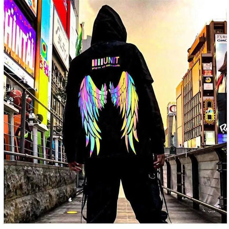 Spring Hip Hop Streetwear Harajuku Reflective Wing Printing Pullover Fashion Hooded Sweatshirt Male Clothing