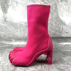 Rose Red & White Leather Five-Finger Boots: Hollow Heel Designer Ankle Booties | Sporty Tabi Inspired Split-Toe Shoes for Autumn & Winter Fashion