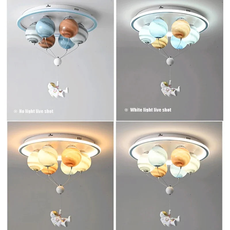 Modern Astronaut Led Ceiling Light with Creative Planet and Flying Spaceship Design for Kids' Room Decor