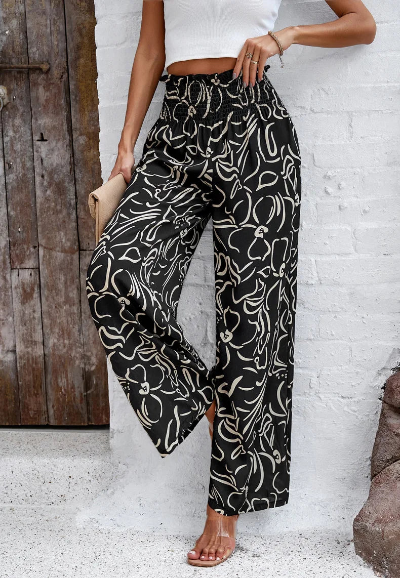 Print Floral Casual Pants Fashion Women Office Sweet High Waist Wide Leg Long Pants New 2024 Holiday Loose Trousers