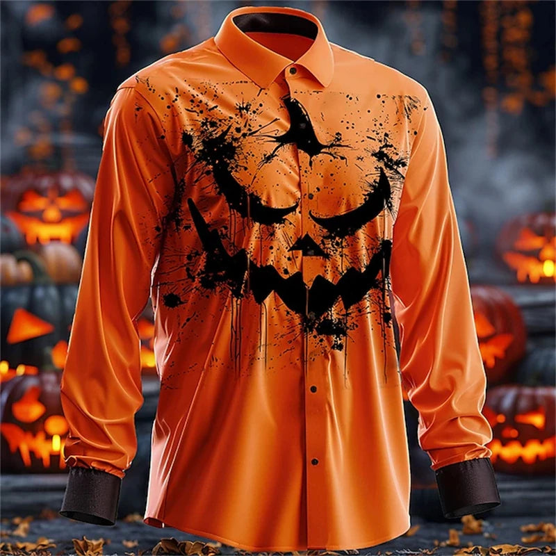 2024 New Men's Halloween Fashion Shirt 3D Devil Pumpkin Print Long Sleeve Halloween Street Buttoned Single Breasted Shirt S-5XL