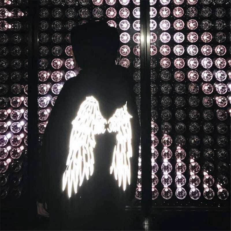 Spring Hip Hop Streetwear Harajuku Reflective Wing Printing Pullover Fashion Hooded Sweatshirt Male Clothing