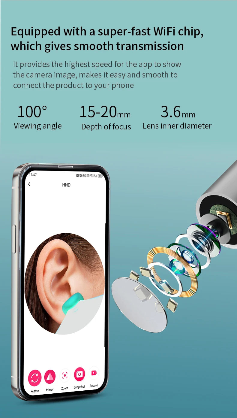 Smart Visual Ear Cleaner with Camera 1296P Ear Sticks USB C Charging Ear Wax Removal Tool WIFI Connection 6 LED Lights Earpick