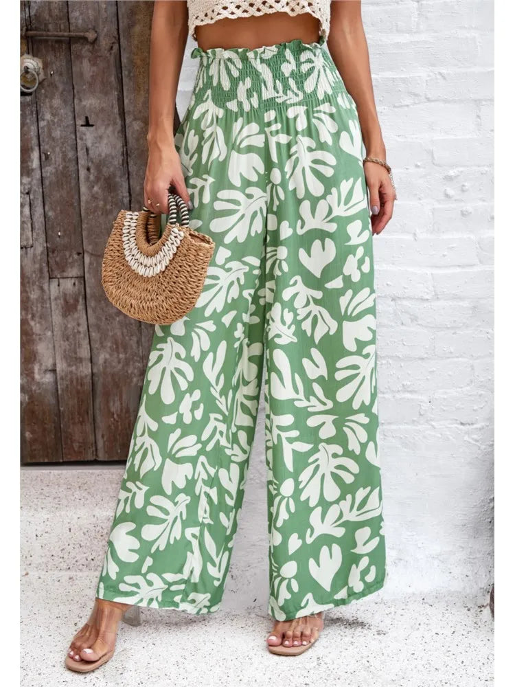 Print Floral Casual Pants Fashion Women Office Sweet High Waist Wide Leg Long Pants New 2024 Holiday Loose Trousers