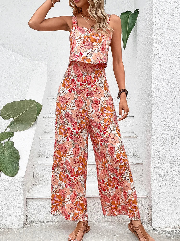 Elegant Long Jumpsuit Women Sexy Backless Wide Leg Jumpsuits Casual Sleeveless Floral Rompers Summer Clothes For Woman 2024 New